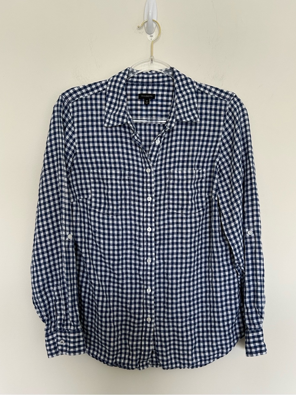 Talbots Linen Blue and White Gingham Tab Sleeve Button Shirt Size Medium